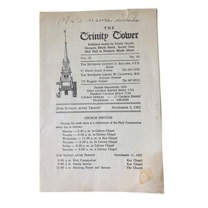 Vintage 1962 Trinity Tower Church Bulletin Newport Rhode Island History Ephemera